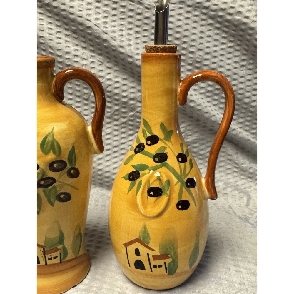 Vintage Pfaltzgraff Olive Grove Oil & Vinegar Jars w/drizzle‎ Spout RARE